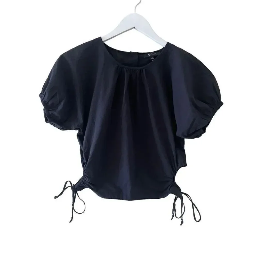 Madewell Embroidered Black Keyhole Closure Poplin Puff-Sleeve Y2K Sz XS  #1657